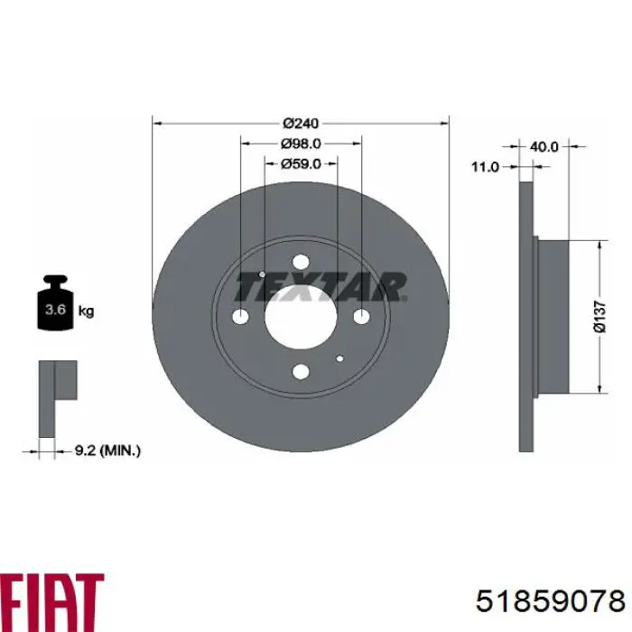 Диск гальмівний задній 51859078 Fiat/Alfa/Lancia