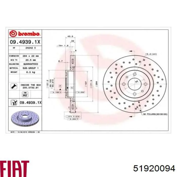 Диск переднього гальма Fiat/Alfa/Lancia 51920094 ціна, від 33.51 USD