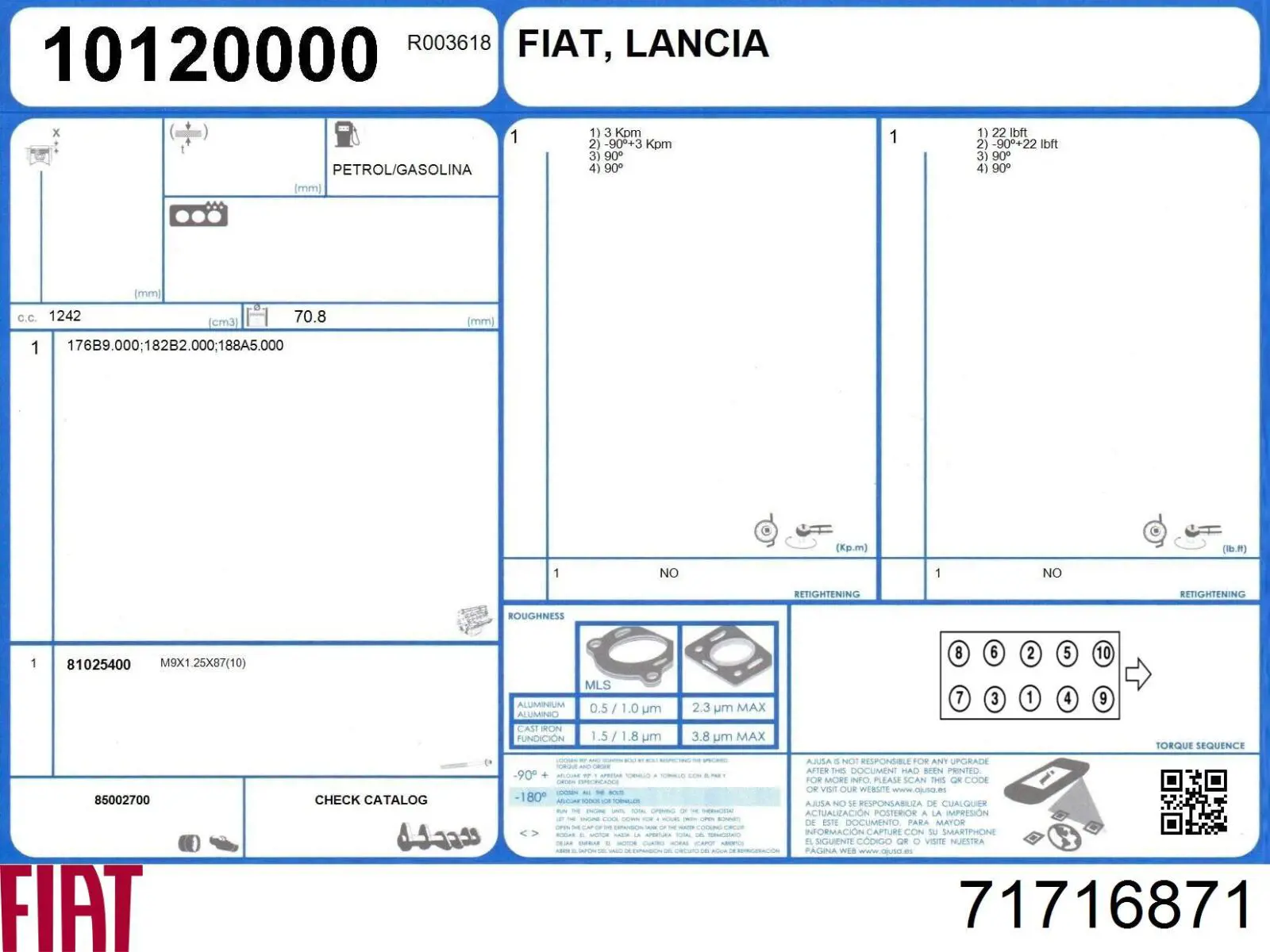 Комплект прокладок двигуна, повний Fiat/Alfa/Lancia 71716871 ціна, від 146.38 USD