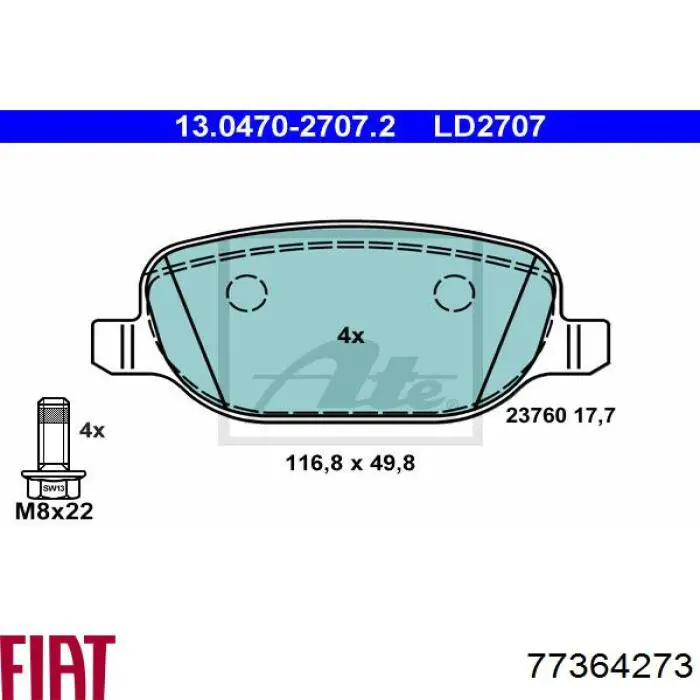 77364273 Fiat/Alfa/Lancia Колодки гальмівні задні, дискові