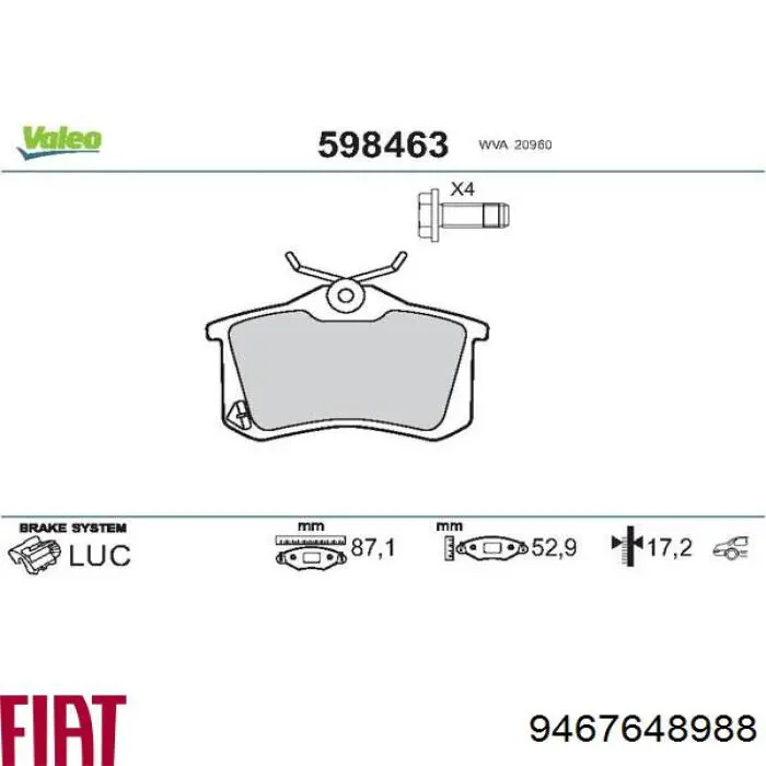 9467648988 Fiat/Alfa/Lancia Колодки гальмівні задні, дискові