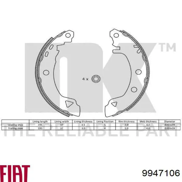 9947106 Fiat/Alfa/Lancia Колодки гальмівні задні, барабанні