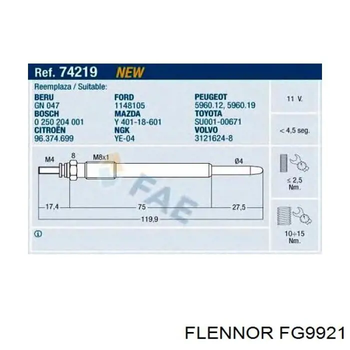 Свічка накалу FG9921 Flennor
