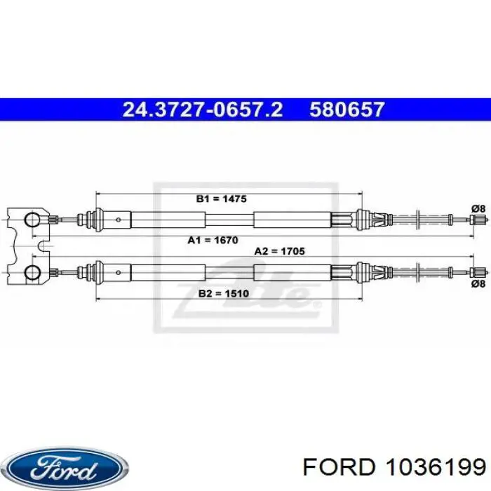 Трос ручного гальма задній, правий/лівий Ford 1036199 ціна, від 21.48 USD