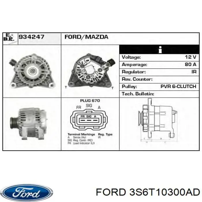 Генератор 3S6T10300AD Ford