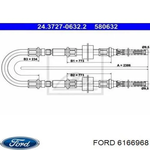 6166968 Ford трос ручного гальма задній, правий/лівий