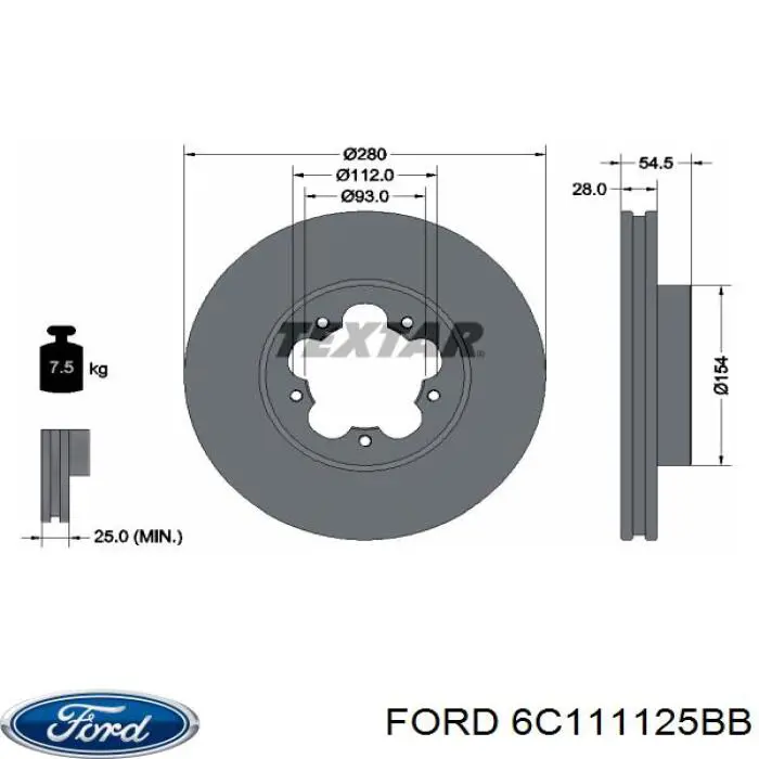 Диск гальмівний передній 6C111125BB Ford