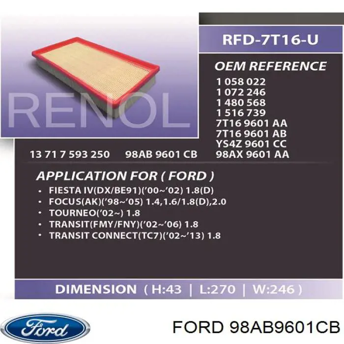 98AB9601CB Ford фільтр повітряний