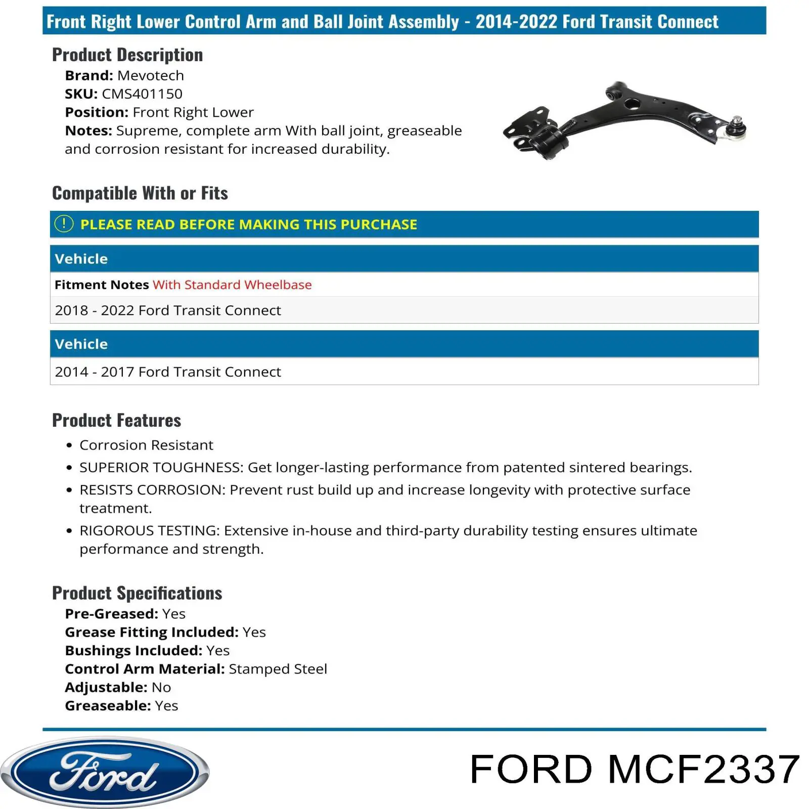 Важіль передньої підвіски нижній, правий MCF2337 Ford