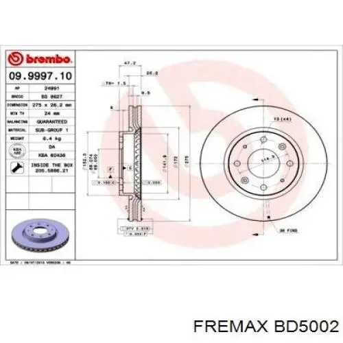 BD5002 Fremax Гальмо дискове переднє