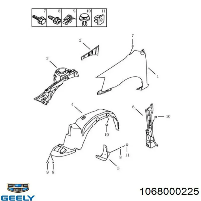 1068000225 Geely Підкрилок переднього крила, лівий