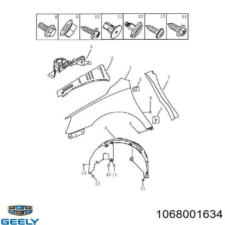 1068001634 Geely Підкрилок переднього крила, правий