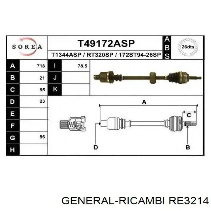 RE3214 General Ricambi піввісь (привід передня, права)