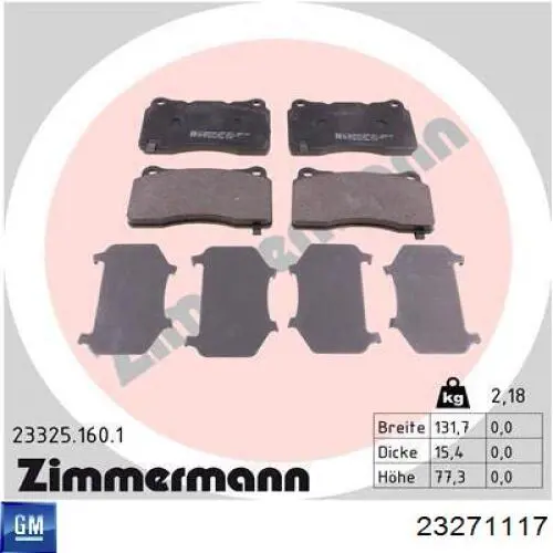 Передні тормозні колодки 23271117 General Motors
