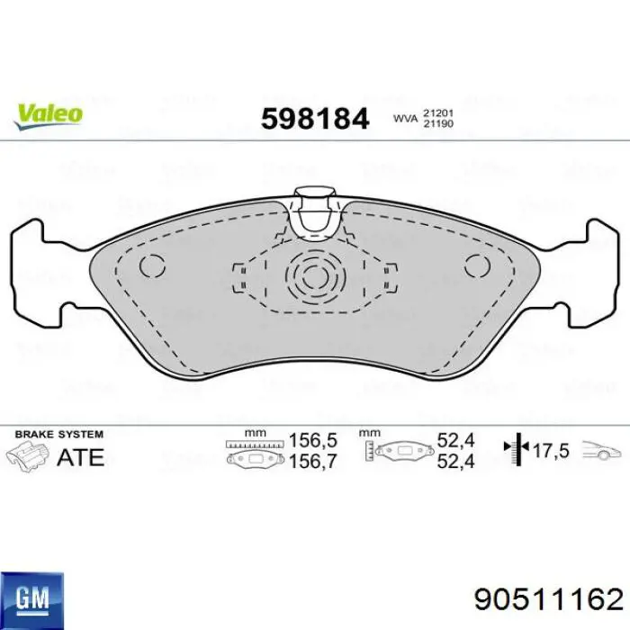 Передні тормозні колодки 90511162 General Motors