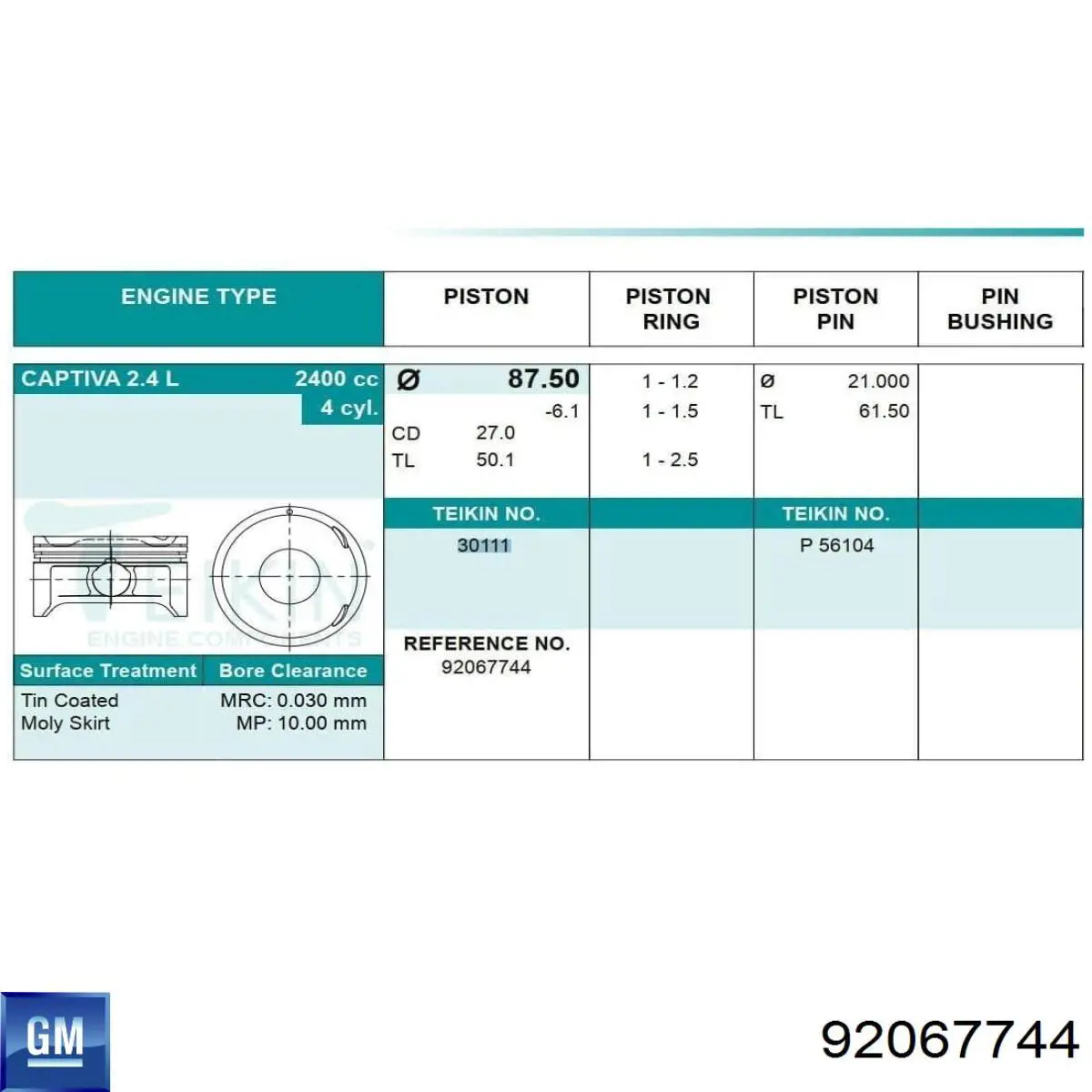 Поршень двигуна без кілець General Motors 92067744 ціна, від 146.42 USD