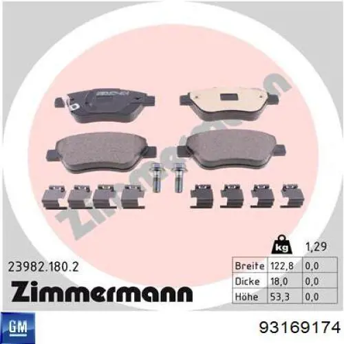 Передні тормозні колодки 93169174 General Motors