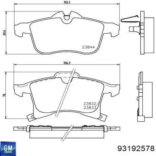 Передні тормозні колодки 93192578 General Motors