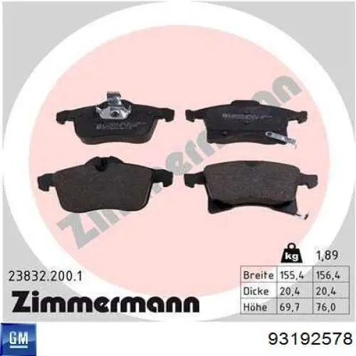93192578 General Motors Передні гальмівні колодки