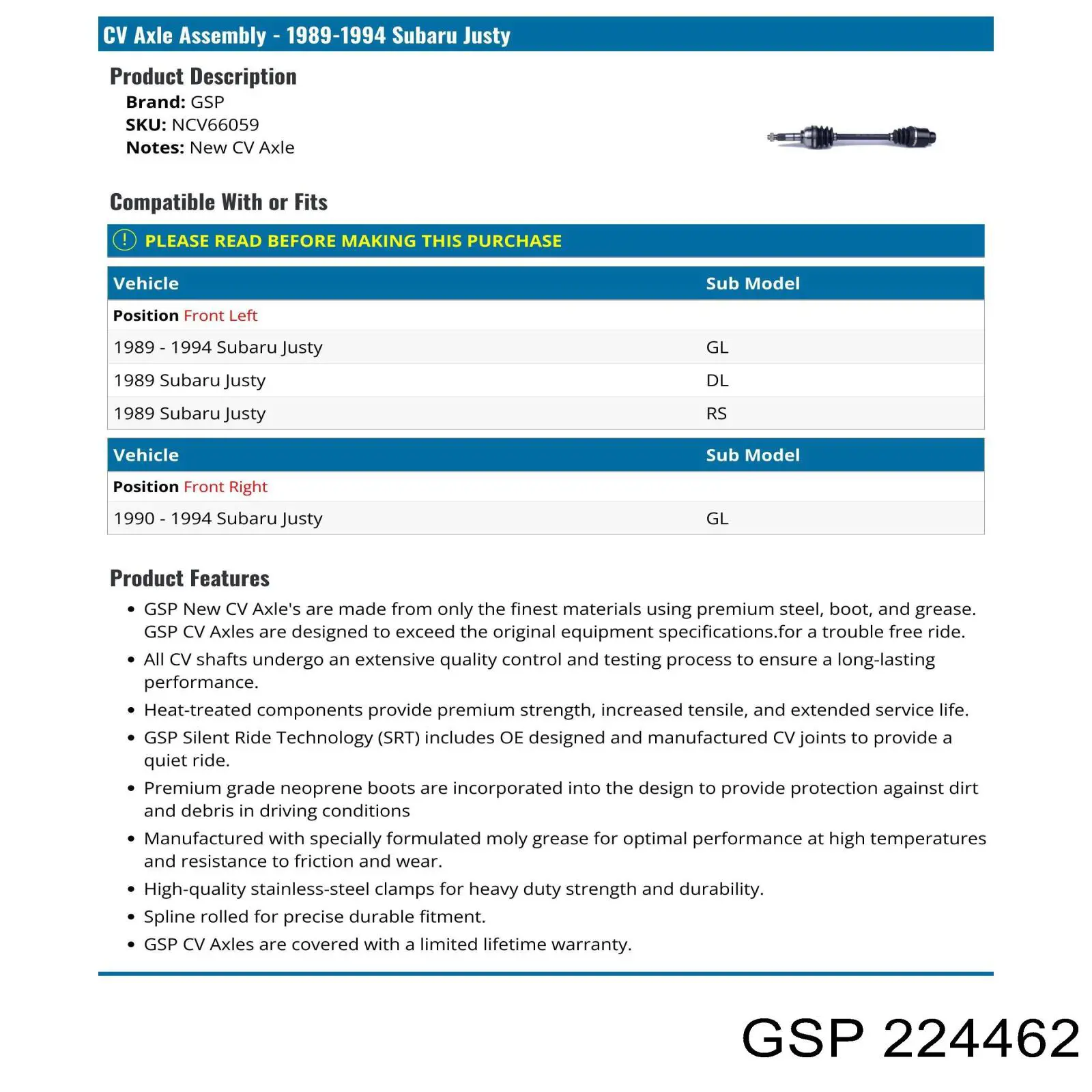 Привід передній лівий GSP 224462 ціна, від 126.06 USD