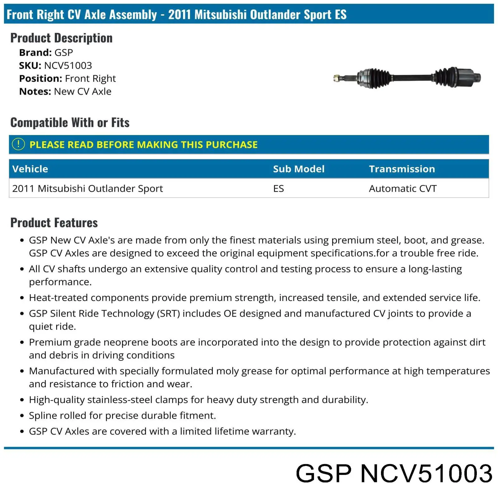 Піввісь права NCV51003 GSP