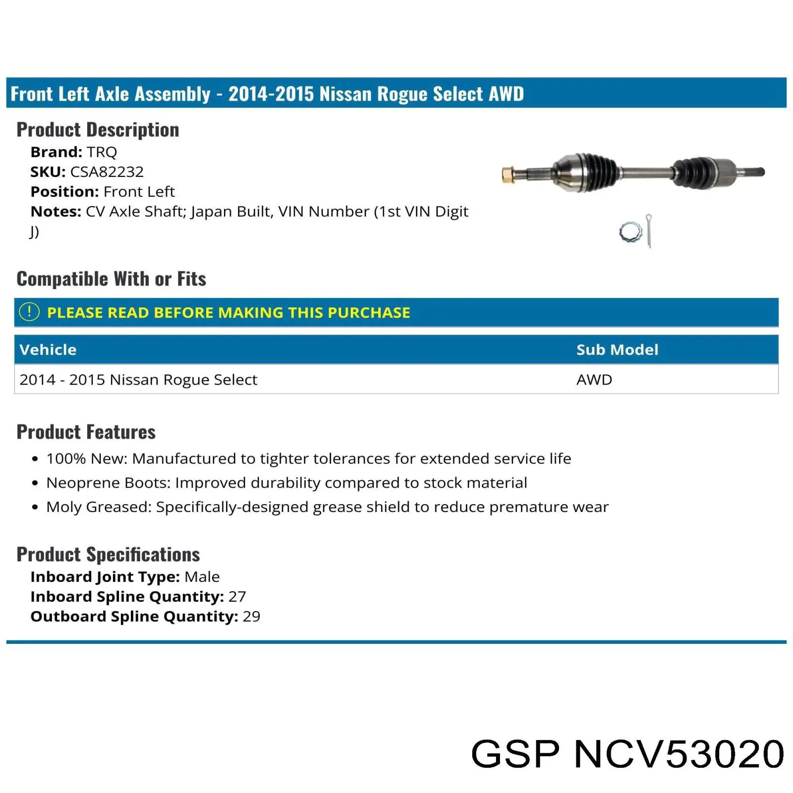 Піввісь задня NCV53020 GSP
