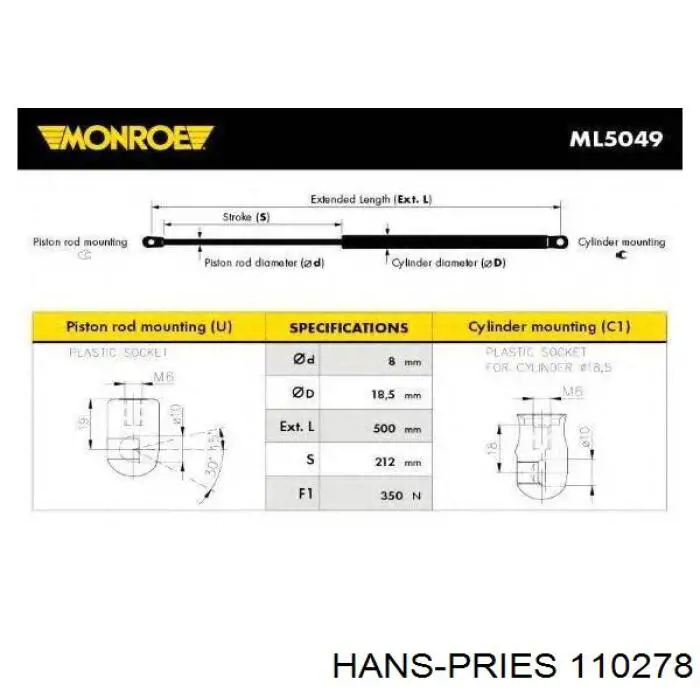 Амортизатор двері задньої Hans Pries (Topran) 110278 ціна, від 7.77 USD