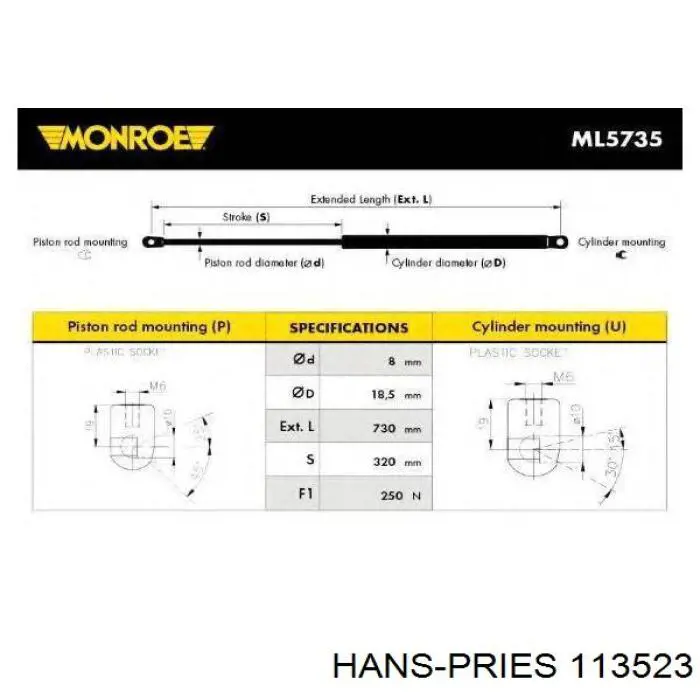 Амортизатор капота газовий Hans Pries (Topran) 113523 ціна, від 12.36 USD