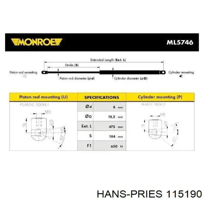 Амортизатор двері задньої Hans Pries (Topran) 115190 ціна, від 13.52 USD