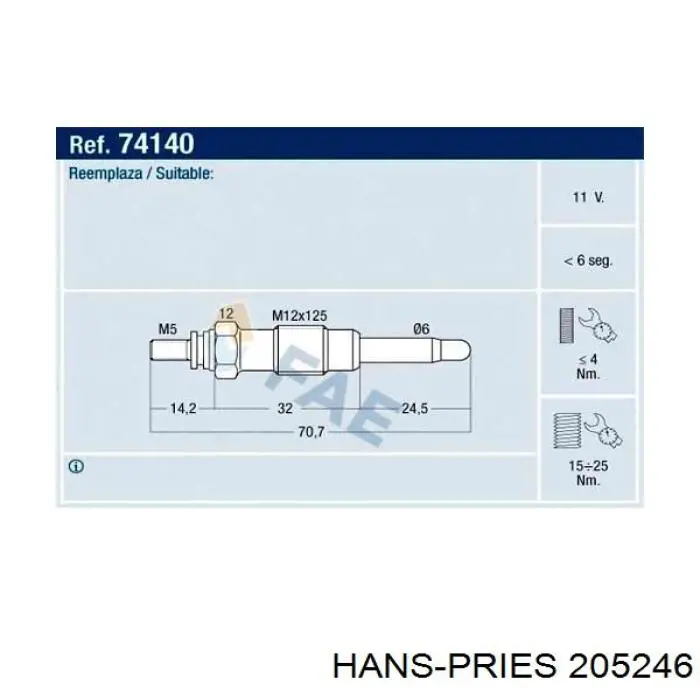 Свіча накалу Hans Pries (Topran) 205246 ціна, від 6.04 USD