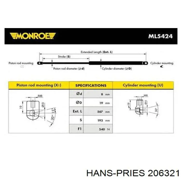 Амортизатор кришки багажника/ двері 3/5-ї задньої 206321 Hans Pries (Topran)