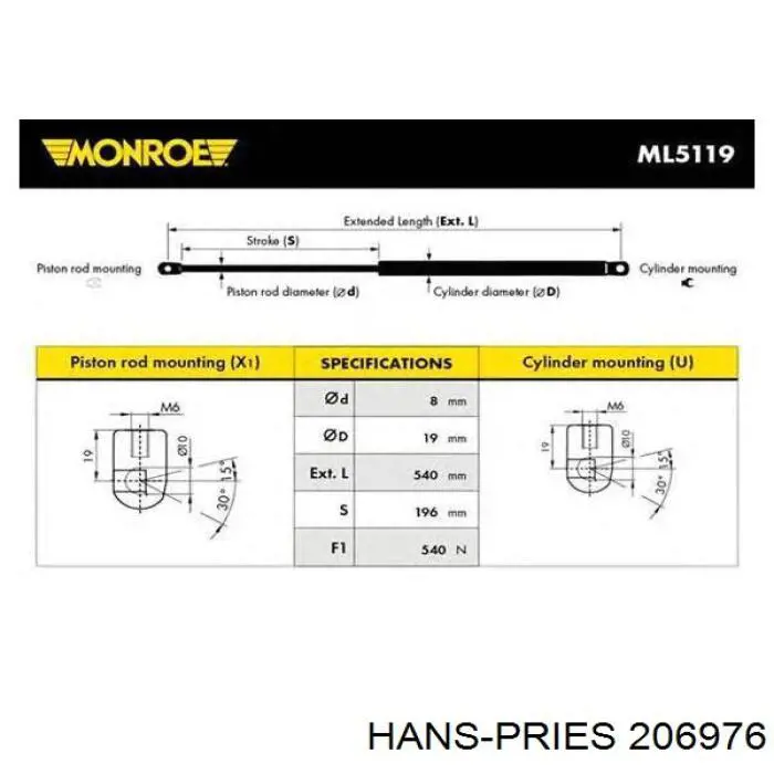 Амортизатор кришки багажника/ двері 3/5-ї задньої 206976 Hans Pries (Topran)