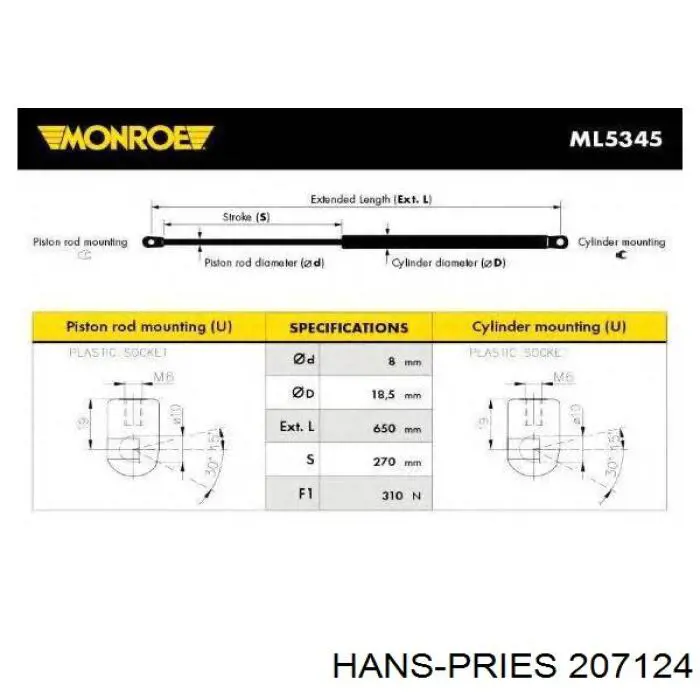 207124 Hans Pries (Topran) Амортизатор кришки багажника / двері 3/5-ї задньої