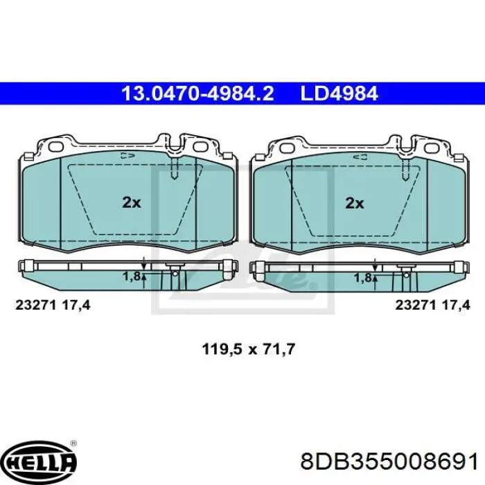 Купити 8DB355008691 HELLA Колодки гальмівні передні, дискові