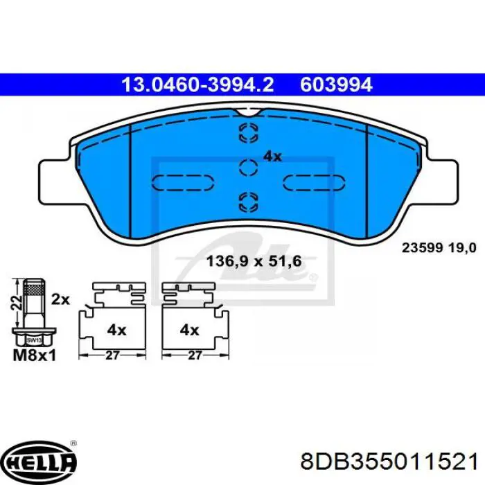 Купити 8DB355011521 HELLA Колодки гальмівні передні, дискові