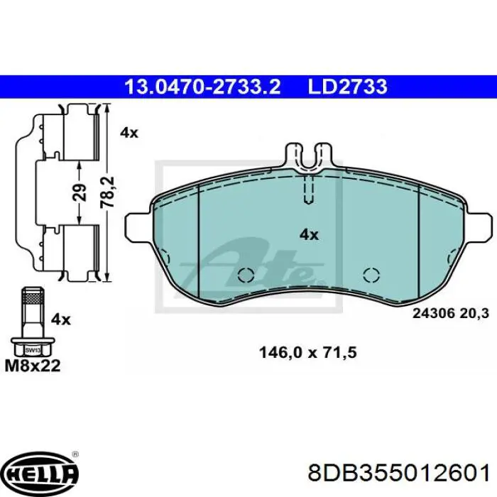 Купити 8DB355012601 HELLA Колодки гальмівні передні, дискові
