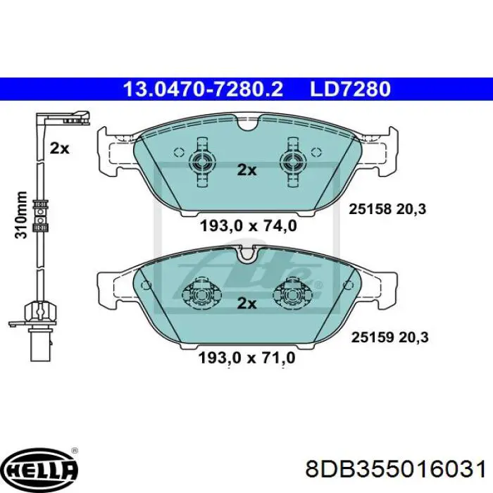 Купити 8DB355016031 HELLA Колодки гальмівні передні, дискові