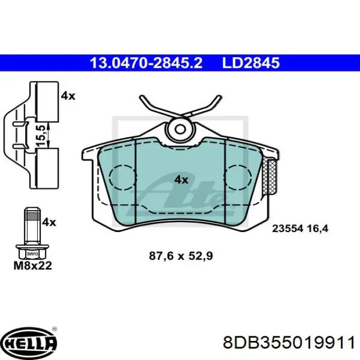 Колодки гальмові задні, дискові 8DB355019911 HELLA