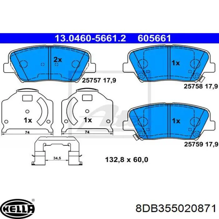 Колодки гальмівні передні, дискові 8DB355020871 HELLA