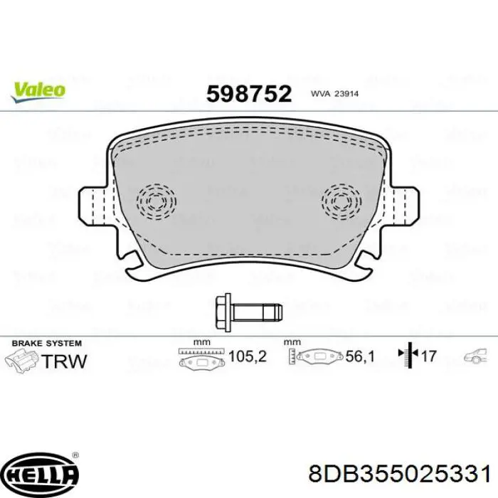 Колодки гальмові задні, дискові 8DB355025331 HELLA