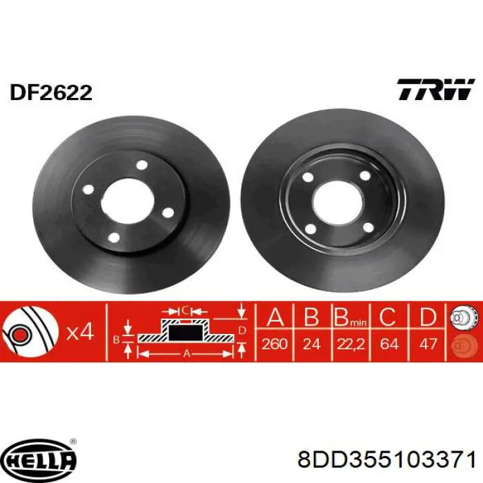 Диск гальмівний передній 8DD355103371 HELLA