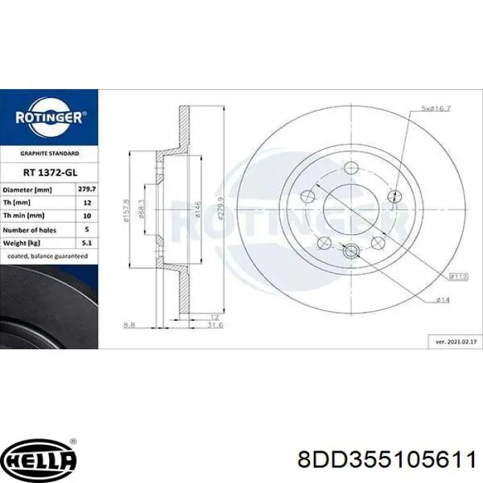 Купити 8DD355105611 HELLA Диск заднього гальма