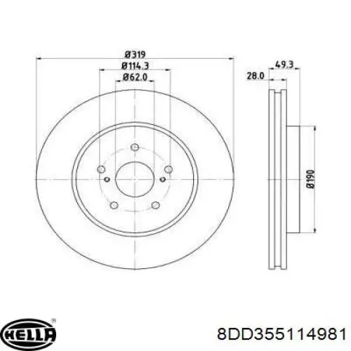 Диск переднього гальма HELLA 8DD355114981 ціна, від 47.26 USD