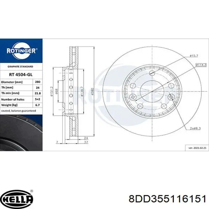 Диск гальмівний передній 8DD355116151 HELLA