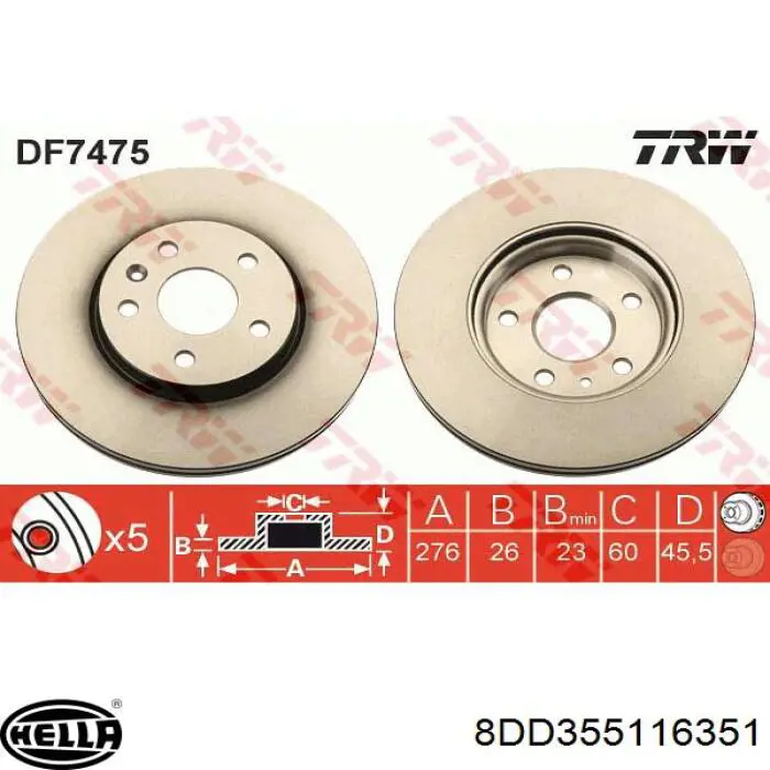 Диск переднього гальма HELLA 8DD355116351 ціна, від 50.41 USD