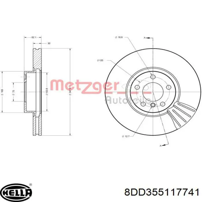 Диск переднього гальма HELLA 8DD355117741 ціна, від 89.33 USD