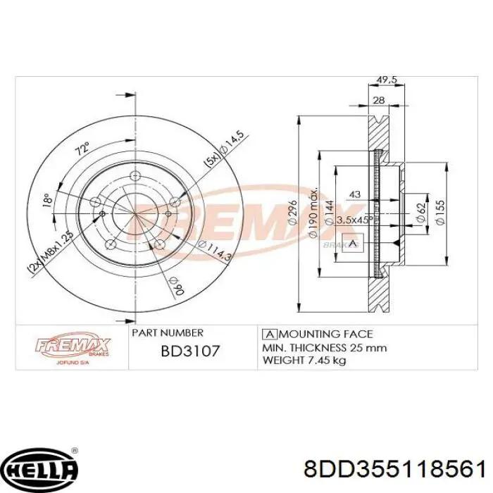 8DD355118561 HELLA Гальмо дискове переднє
