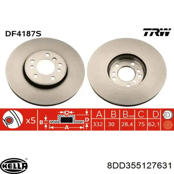 Диск переднього гальма HELLA 8DD355127631 ціна, від 65.75 USD