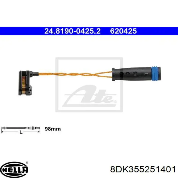 8DK355251401 HELLA Датчик зносу гальмівних колодок, передній правий