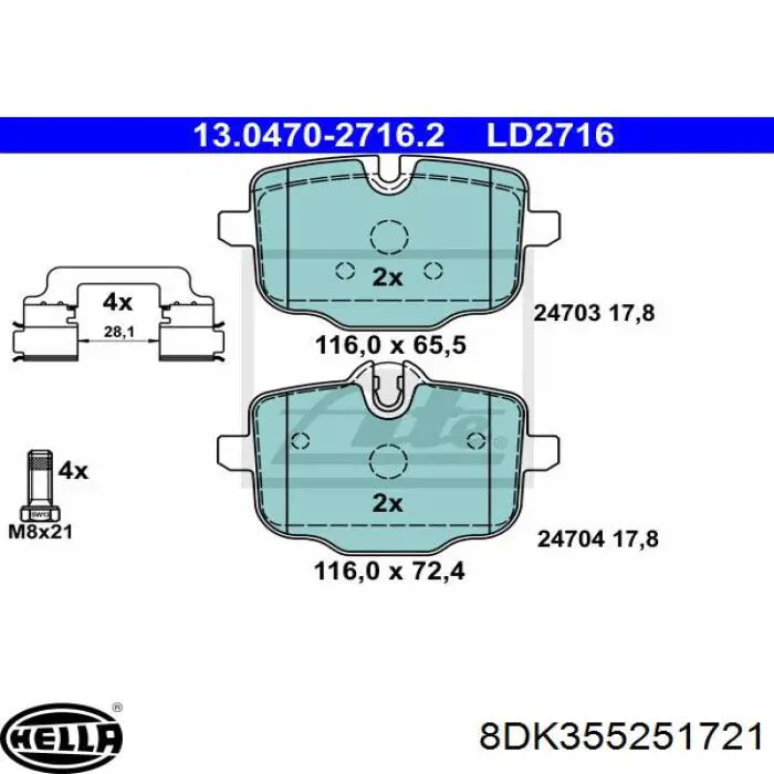 Датчик зносу гальмівних колодок, задній 8DK355251721 HELLA
